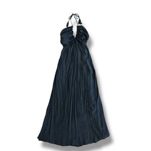 Entro Black Tassel Halter Ruched Maxi Dress L Crinkle Gauze, Lined, Style D16680